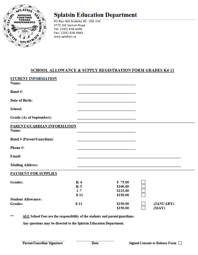 School Supply Allowance and Registration Forms Splatsin